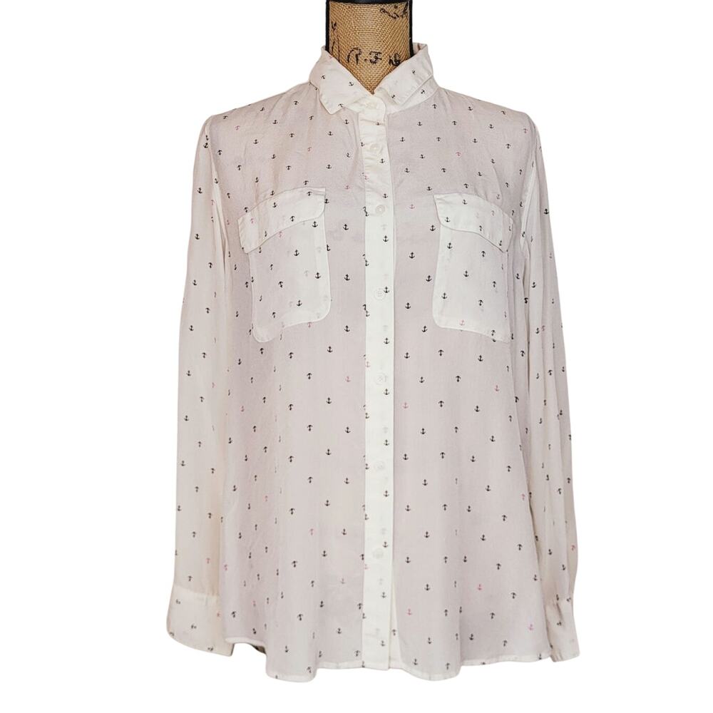 Uniqlo 100% Silk Novelty Blue & Pink Anchor Flap Pocket Button Up Shirt Size M